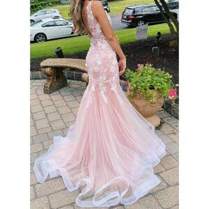 Jovani White Lace Pearls Pink Mermaid Formal Gown $650